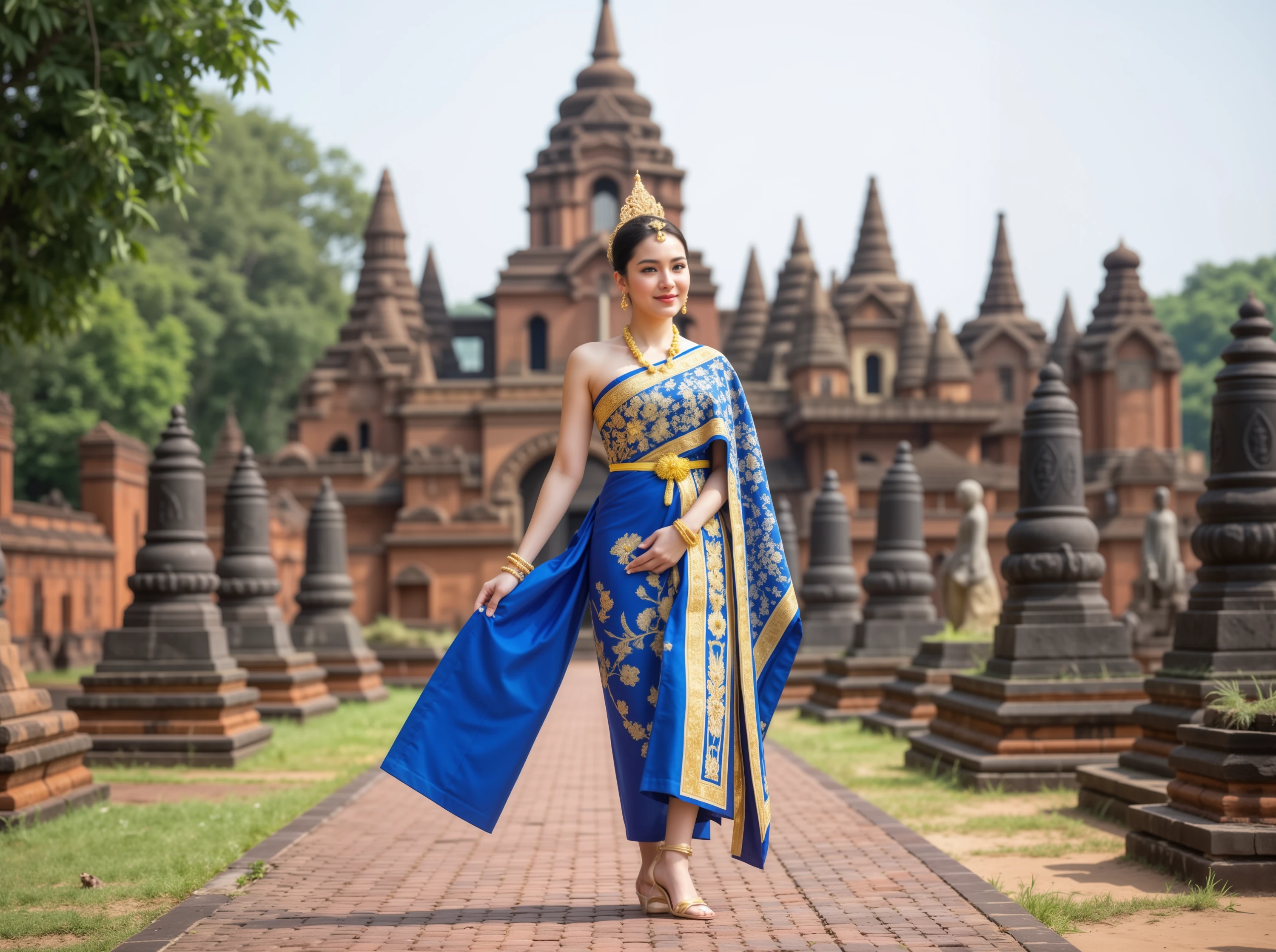 Sabaihtai, detail dress in royal blue and gold, worn by a woman standing amidst the ancient ruins of Sukhothai Historical Park. The camera captures a wide-angle shot with the old temples and statues as the backdrop, highlighting the thai traditional dress against the historic landscape.

<lora:Thai_tradional_dress_Flux_-000005:1>