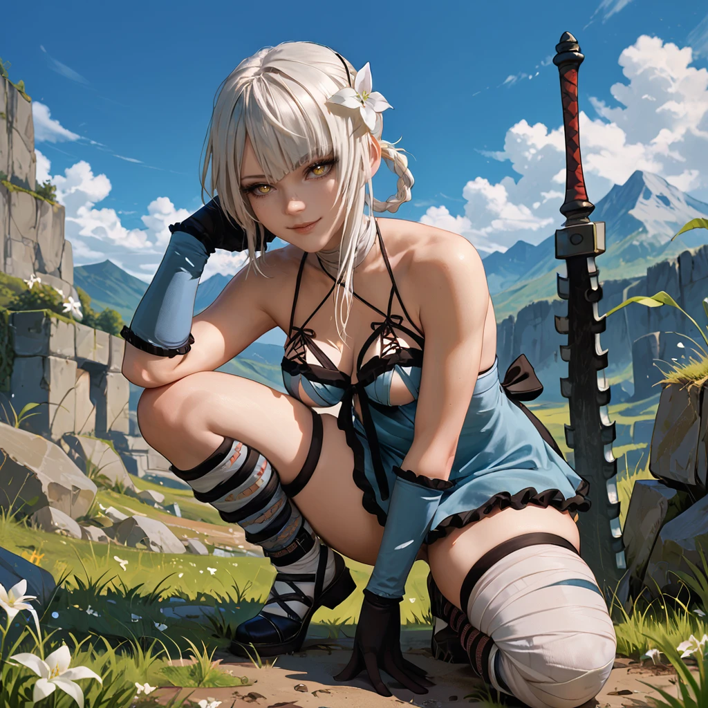 1girl,solo,<lora:epoch-000015:1>,nier-kaine,white hair,single hair ring,asymmetrical hair,hair flower,yellow eyes,bandaged shoulder,detached sleeves,black gloves,negligee,frills,cross-laced panties,thigh strap,bandaged leg,asymmetrical legwear,skindentation,single sock,black footwear,
outdoors,grass,mountain,depth of field,cloudy sky,swords in ground,stone wall,
squatting,hand up,v,hand on own hip,looking at viewer,smile,bedroom eyes,parted lips,full body,, score_9, score_8_up, score_7_up, perfect anatomy, source_anime, zPDXL2,