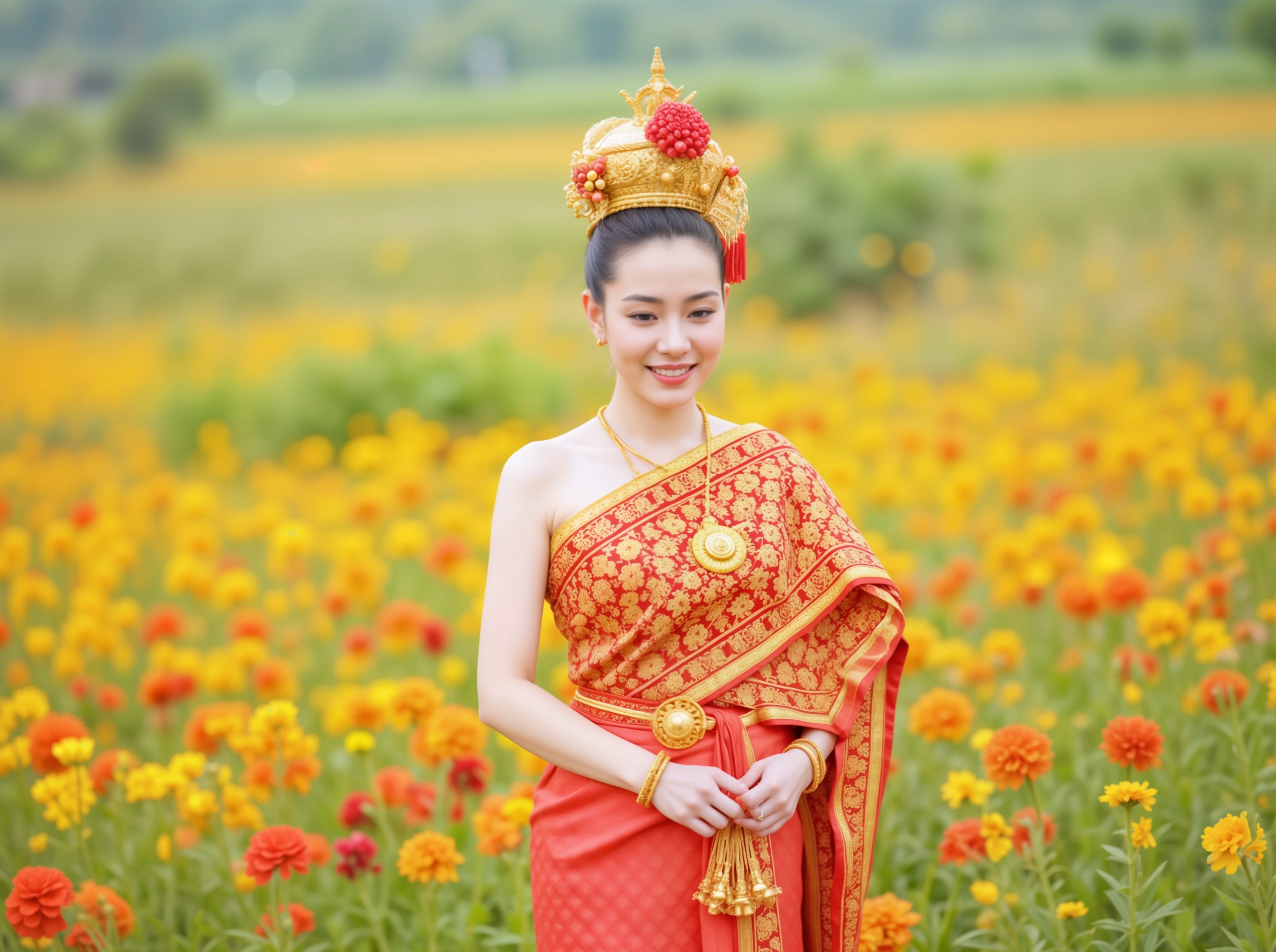 Sabaihtai, detail dress with floral patterns, worn by a woman light smile performing a traditional Thai dance in a vast field of blooming flowers. The camera captures a wide-angle shot with colorful flowers swaying in the breeze, adding to the serene beauty of the thai traditional dress.


<lora:Thai_tradional_dress_Flux_-000005:1>