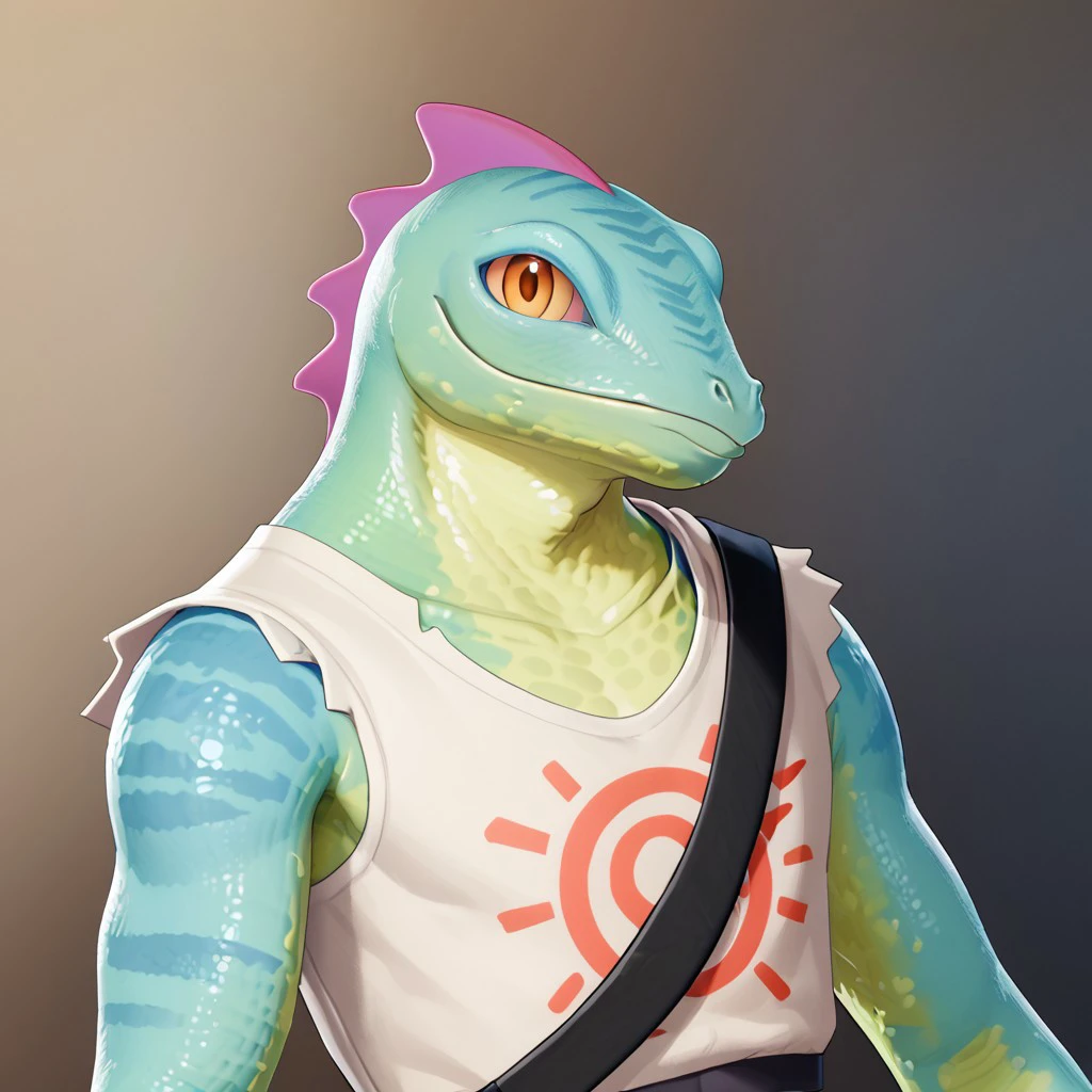 furry, solo anthro, male, smile, bust portrait, looking at viewer, Lizzik, lizard, blue and green skin, white tanktop, orange eyes, purple dorsal fin