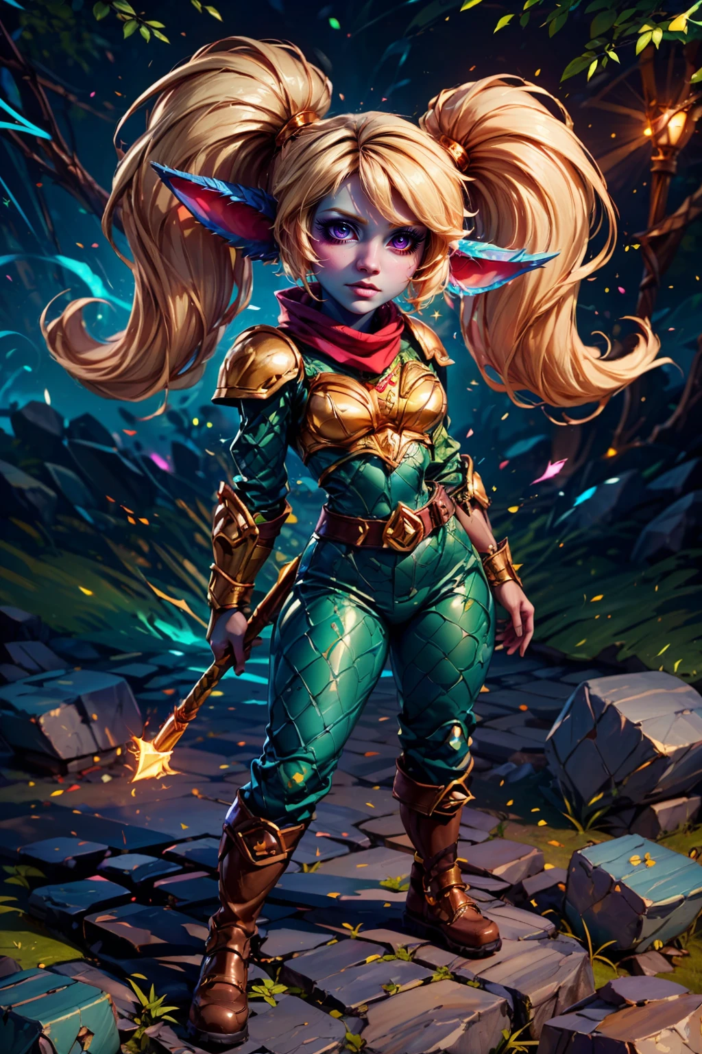 (ultra realistic,32k, masterpiece:1.2),(high detailed skin:1.1),( high quality:1.1), BREAK,   <lora:Poppy_Leagueoflegends_v2:0.8>,  zzPoppy, yordle, shortstack, purple eyes, blonde hair, twintails, blue skin, golden armor, red scarf, green snakeskin shirt, green snakeskin pants, brown boots, confident stance, energetic pose, standing strong in a vibrant battlefield, magical aura, glowing lights, ethereal atmosphere,  BREAK,  blooming stars, luminescent petals, otherworldly fragrance blurry background, (looking at viewer, standing:1.1), huge breast, large breast, <lora:add_detail:0.92>, (glowwave:1.1),