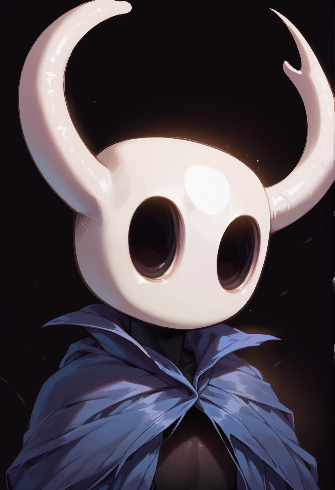 1other, knight_\(hollow_knight)\, horns, black skin, mask, hollow eyes, blue cloak, upper body, standing, black background <lora:knight_hollow_knight:0.88>, score_9, score_8_up, score_7_up, score_6_up