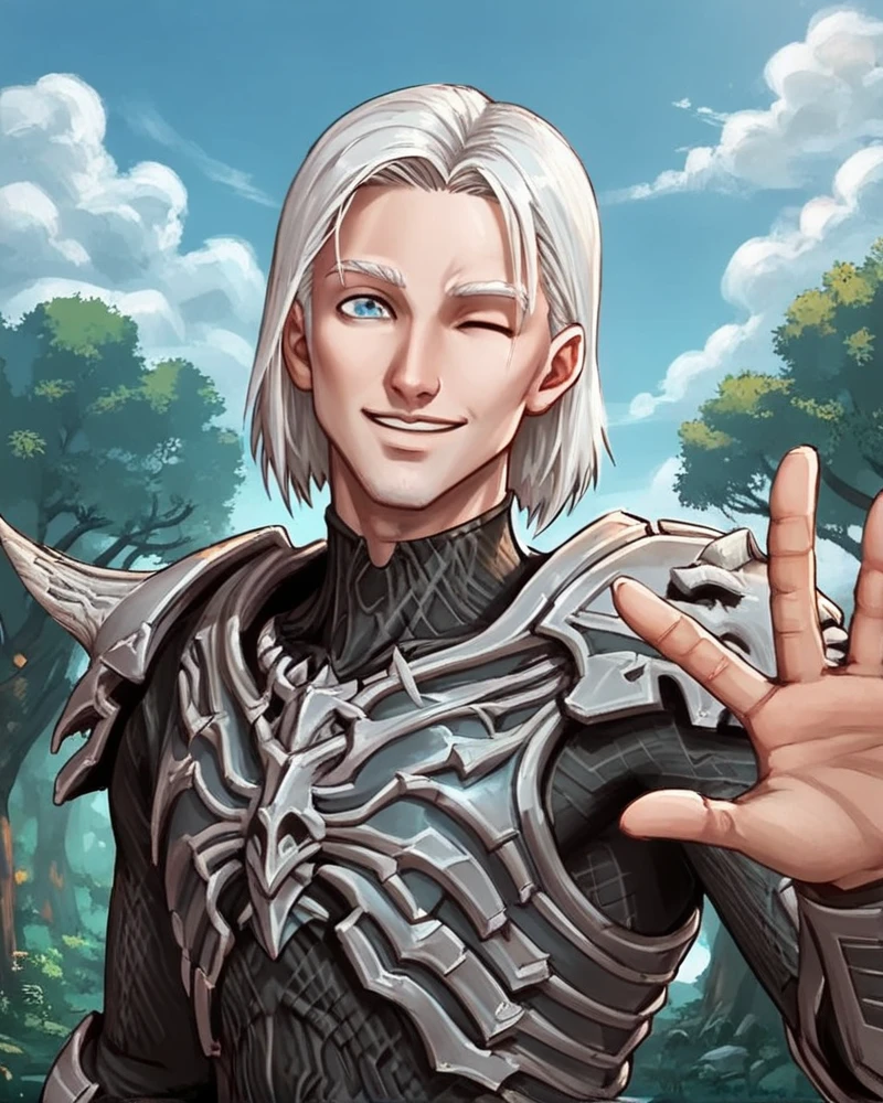 <lora:D3_Necromancer_FORPONY:1> Necromancer, hally, smile, white hair, wink, 1boy, man, waving, rathma, armor, upper body, outside, sunny day, beautiful sky, clouds, trees