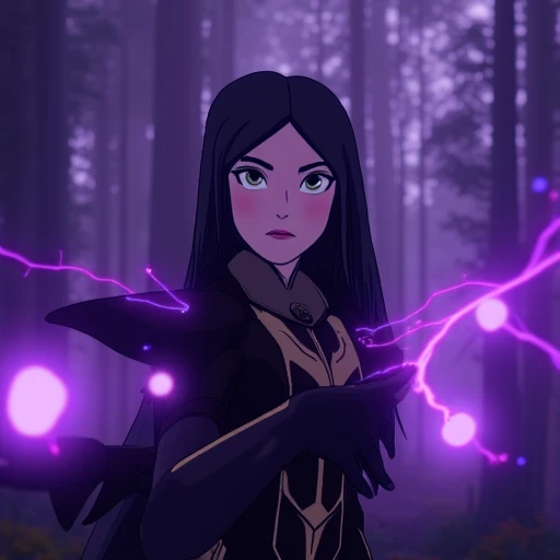 centered, award winning photo, looking at viewer, Claudia, green eyes, long black hair, purple magic, swirling magic, glowing purple lightning, forest, dynamic pose, cowboy shot, depth of field, cinematic composition, Vivid_Setting