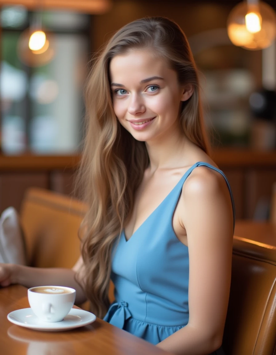 <lora:Milena_Angel_FLux:1>  realistic photo of  petite, brunette, blue eyes, solo,  wearing a blue dress, sitting in a cafe having a coffee, smiling, looking at viewer.