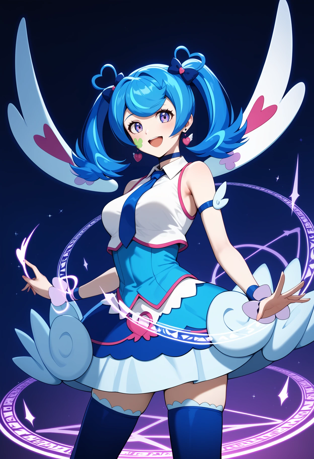 score_9, score_8_up, score_7_up, score_6_up, score_5_up, score_4_up, source_anime, bbangel, blue hair, streaked hair, twintails, hair bow, earrings, facial mark, wings, breasts, choker, bare shoulders, blue necktie, collared shirt, white shirt, dress, sleeveless, arm strap, wrist cuffs, blue skirt, blue thighhighs, <lora:zaizen_aoi_ponyxl_v1:0.9>, standing, cowboy shot, magic circle, smile, open mouth,