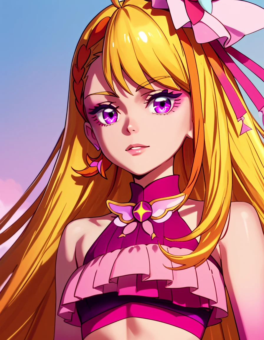 CureButterfly, very long hair, blonde hair, purple eyes, midriff, magical girl,  <lora:SoaringSkyPrettyCure:1>, score_9, score_8_up, score_7_up, score_6_up, score_5_up, score_4_up, source_anime,  , portrait,