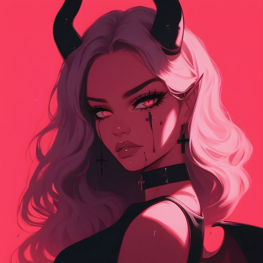 1girl, aesthetic anime girl, demon horns, gothic style, black outfit, choker with pendant, dark makeup, wings,  pink and red lighting, highly detailed, dramatic shadows,