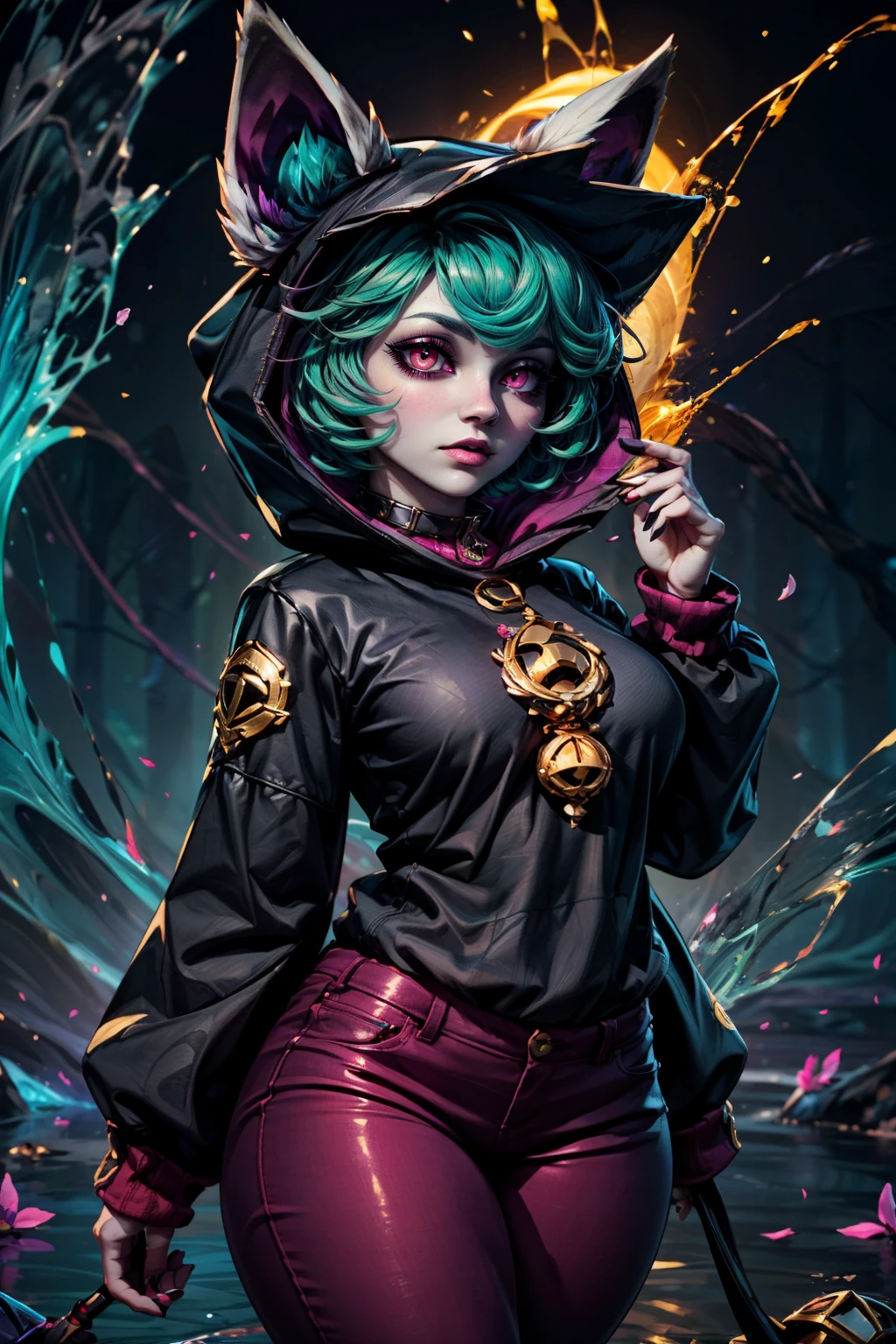 (ultra realistic,32k, masterpiece:1.2),(high detailed skin:1.1),( high quality:1.1), BREAK,   <lora:Vex_LeagueOfLegends:0.7>,  zzVex, yordle, shortstack, pink eyes, green hair, bangs, short hair, grey skin, colored skin, black hood, hood up, ears through headwear, white animal ears, black shirt, purple collar, golden ornament, long sleeves, sleeves past wrists, purple pants,   poisonous swamp background, abstract poison theme,  BREAK,  blooming stars, luminescent petals, otherworldly fragrance blurry background, (looking at viewer, standing:1.1), huge breast, large breast, <lora:add_detail:0.92>, (glowwave:1.1),