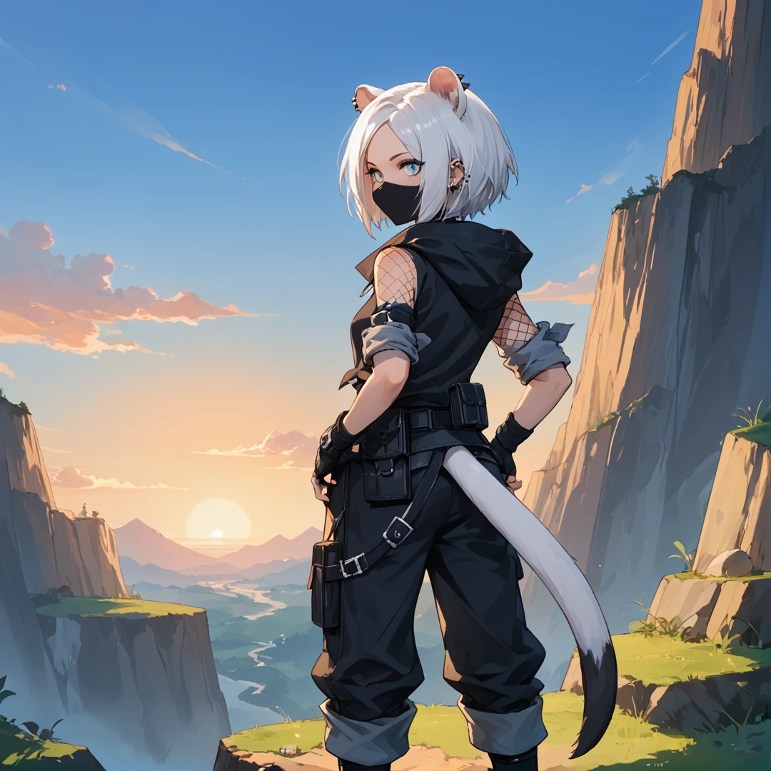 anime artwork Masterpiece, high quality, score_9, score_8_up, score_7_up, 1girl, sunrise, from behind, hands on own hips, high contrast, cliff, <lora:Shirayuki v5-000011:0.75> akshirayuki, weasel ears, white tail, white hair, ear piercing, shirayubase, fishnet shoulders, black mask, no mouth, black toeless boots, wide collar, hood down, black shirt, black gloves, fingerless gloves, sleeveless, single arm warmer, black pants, rolled up pants, black clothes, belt accessory, belt pouch . anime style, key visual, vibrant, studio anime,  highly detailed