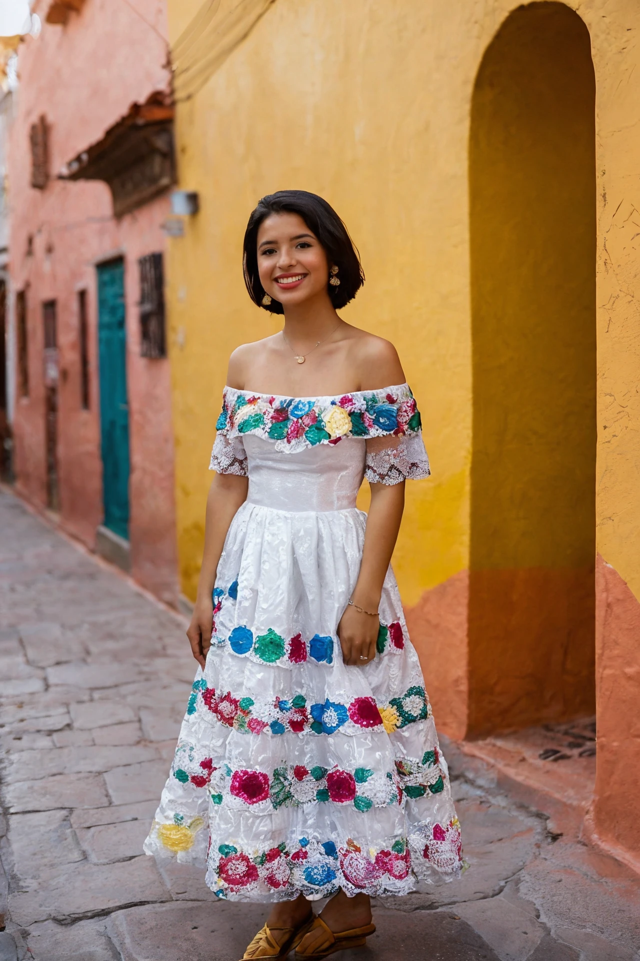 <lora:Angela_Aguilar:0.8>, Raw photo of Angela Aguilar wearing a traditional Mexican off-the-shoulder dress with floral patterns, short black hair, sharp focus on subject, dynamic angle, dynamic pose, happy, standing in a colorful street in Guanajuato, Mexico, Shot center frame with a Nikon F3 and a 35mm f/2 lens, using Kodak Portra 400 film stock by Lilia Alvarado