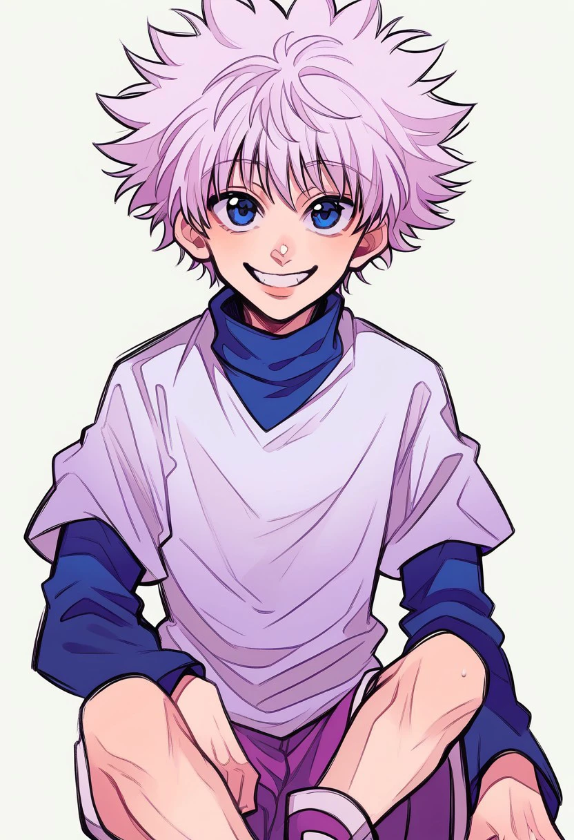 anime artwork, score_9, score_8_up, score_7_up, score_6_up, score_5_up, solo, 1boy, male focus, masterpiece, best quality, source_anime, detailed eyes, detailed hair, looking at viewer, killuazoldick, 1boy, solo, male focus, shorts, white hair, blue eyes, shirt, long sleeves, layered sleeves, spiked hair, short over long sleeves, shoes, white shirt, short hair, short sleeves, purple footwear, bangs, turtleneck, blue shirt, grey shirt, smiling,