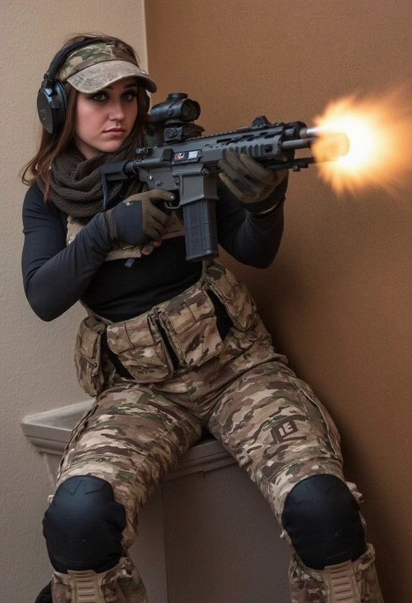 A woman sits confidently, her full body visible in the frame. She is dressed in a crye combat tactical shirt, woodland camo pants and tactical belt with holster that fits snugly, providing both warmth and a sleek appearance. Over her tactical shirt she wears a small cropped tactical vest. She has on a camo baseball hat with headphones. A scarf is wrapped around her neck, adding an extra layer of protection and style. In her hands, she holds a rifle with a firm grip. She is firing her gun leaning around a wall, the orange muzzle flash lighting up the wall.