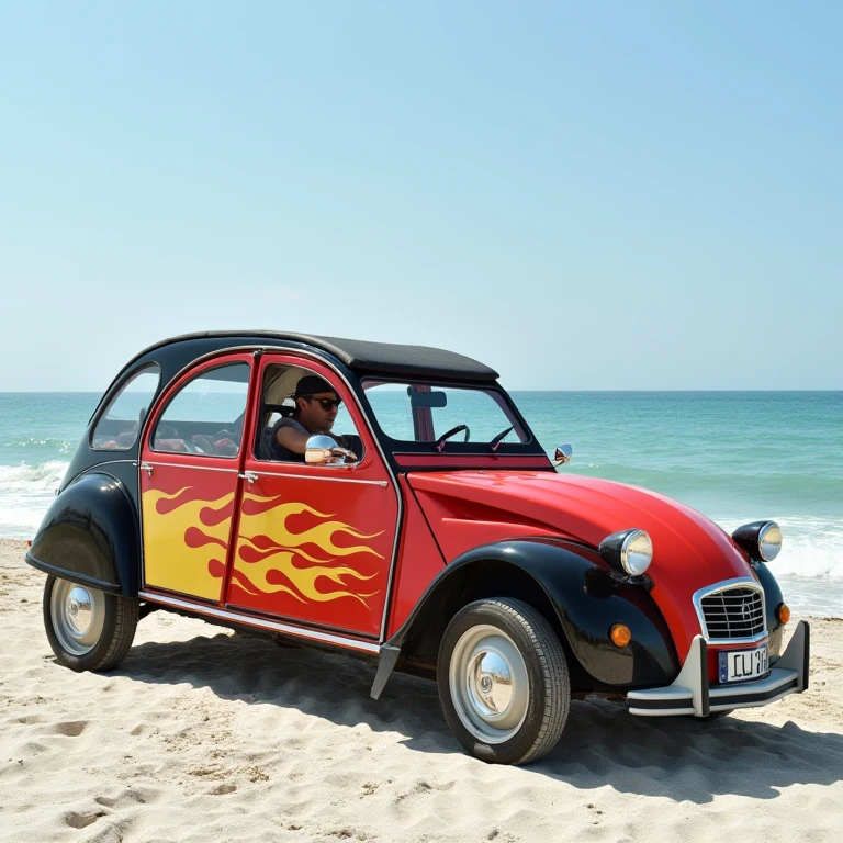 2CV, a very low sportcar, in front of the beach at miami, flames stickers on the sides. The driver wears a baseball cap and sunglasses  <lora:2CV:0.8>