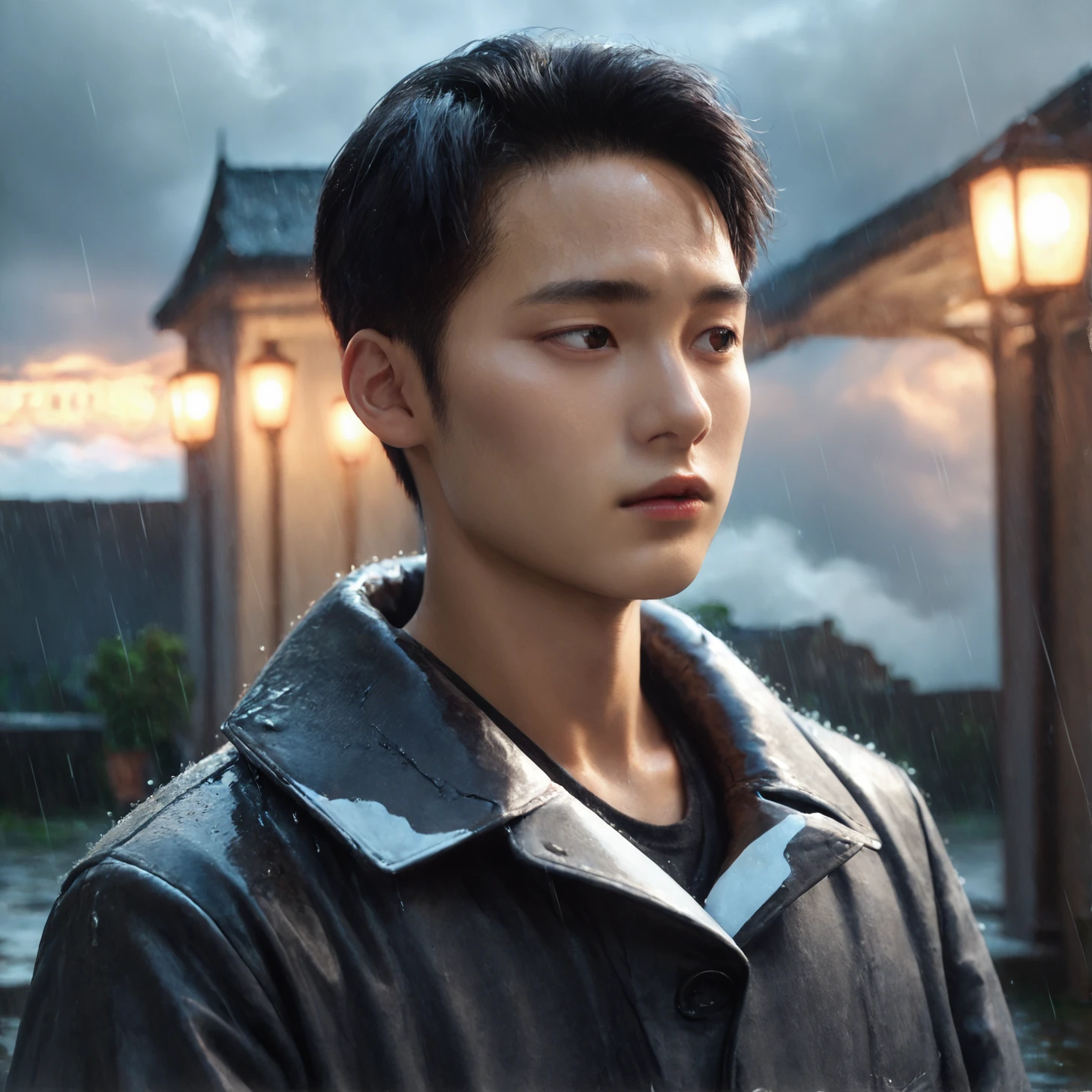 artistic lighting,realistic,4k,highres,score_9, score_8_up, score_7_up,highres, asian,<lora:kboy3:0.7>,kboys,solo,short hair,1boy,looking away,coat,rain,clouds,upper body,leaning back,forehead,cover, high contrast,