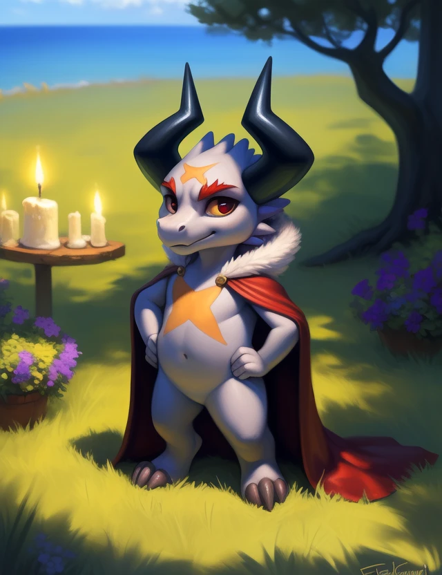 <lora:BatzzFCBYif:1> BatzzFCB, red eyes, black horns, red eyebrows, cloak,  gray skin, dragon, chibi,
Looks at the viewer, ((Hands on hips, standing,))  high-angle view)
[ large window, (nature), forest, grass, day shining, clouds, flowers, blanket, blue pillows, candles, bed, pillows, ](solo focus),
(beautiful, aesthetic, perfect, delicate, intricate, saturated colors), masterpiece, digital drawing, best quality,
by ulitochka, by taran fiddler, by Silverfox5213, by personalami,