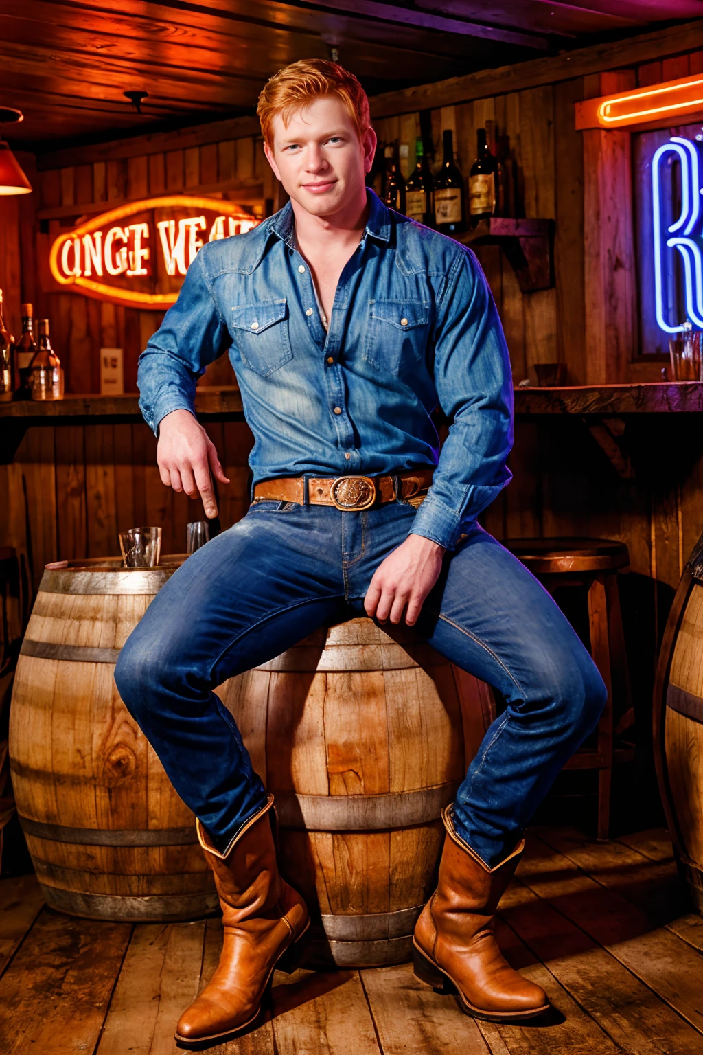 Country Western bar, neon signs, exposed wood interior, sitting on a barrel at the bar, smirking, ginger hair, KyleConnors, wearing cowboy cut long sleeve dress shirt, denim blue jeans, cowboy boots, (((full body portrait))), wide angle,  <lora:KyleConnors:0.8>   <lora:Clothing - Sexy Cowboy:0.2>