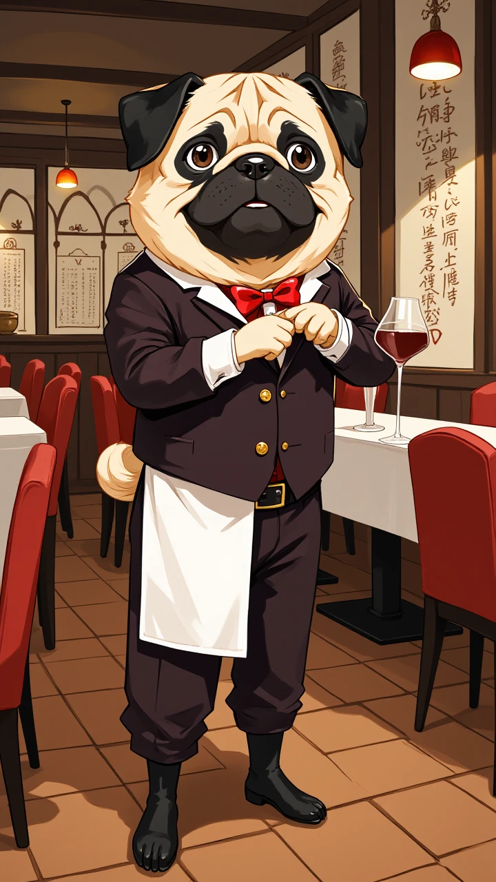 flat 2d anime illustration, pug dog as a waiter in a restaurant, dressed in fancy clothing