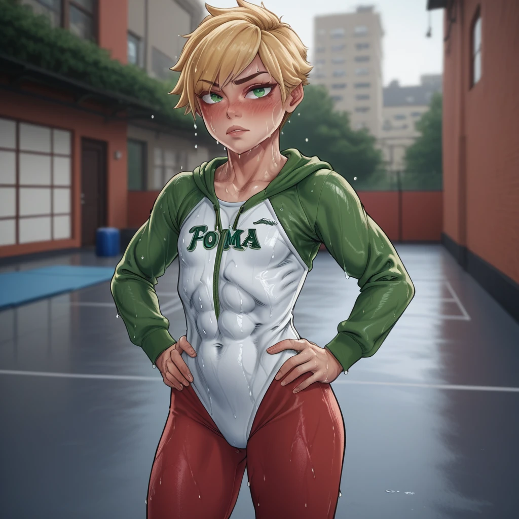 arm support, green hoodie, freakles, wet, score_5_up, (shortstack:0.6), blonde hair, parted lips, sneakers, cropped hoodie, red pants, blush, building, source_comic, long sleeves, muscular female, blurry background, small breasts, short hair, buruma, one-piece swimsuit, hands on hips, white tank top, score_4_up, closed mouth, yoga pants, covered navel, baseball mitt