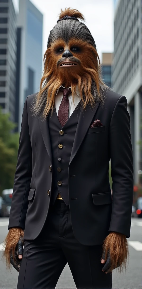 a full body chewbacca wears a suit and tie. His hairs are attached as a manbun attached up . He stands in a modern city. His hands and fingers are dark and furry <lora:Chewbacca:0.8>