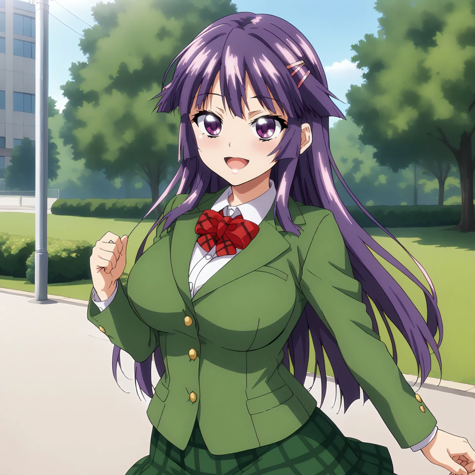 <lora:CcKN_ChizuruShiinaXLpony001>,
looking at viewer,smile,open mouth,
solo,
ChizuruShiina,1girl,purple hair,long hair,hairclip,purple eyes,
large breasts,
green jacket,red bowtie,
green skirt,plaid skirt,
outdoors,