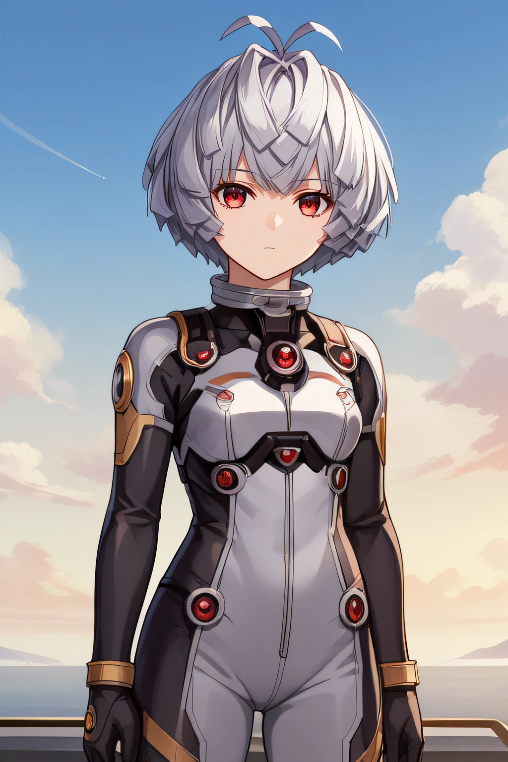 score_9, score_8_up, score_7_up, source_anime, rating_safe, intricate details, anime screencap, official style, 1girl, <lora:Hanayo:1>, hanayo, silver hair, short hair, red eyes, antenna hair, grey bodysuit, pilot suit, expressionless, cowboy shot, standing, looking at viewer, indoor