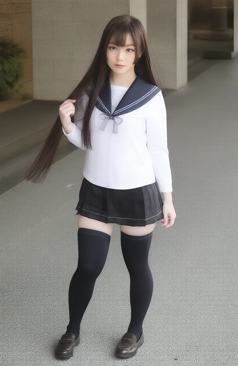 a photograph of a Japanese girl,<lora:Meat_On_Thighhighs:1>,Meat_On_Thighhighs,she is wearing school uniform,pleated skirt,black thighhighs,and loafer,<lora:Hime_Cut_Flux:1>,Hime_Cut_Flux,