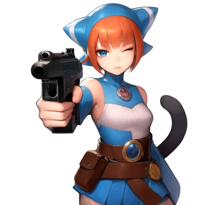 solo, cowboy shot, <lora:linBreathOfFire:0.8>, lin_bof, hood, cat hood, cat ears, short hair, orange hair, bangs, sidelocks, blue eyes, bare shoulders, detached sleeves, elbow gloves, short dress, leotard, belt, belt pouch, thighhighs, fingerless gloves, cat tail, medium bust, 21yo, adult female, holding, holding a gun, gun, aiming, one eye closed, pistol, best quality, ultra high res