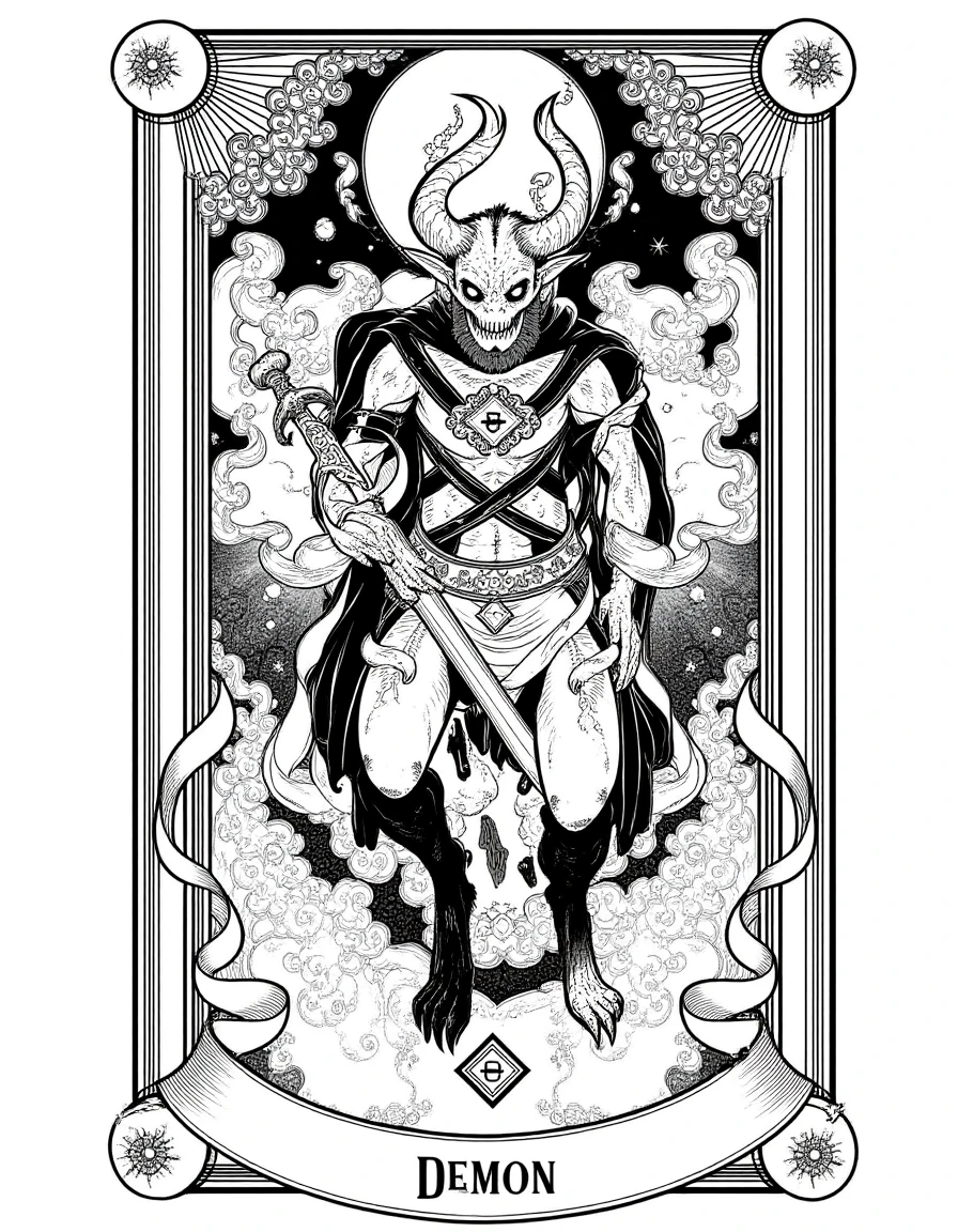 A demon in the style of Taroo, black and white, a text saying "demon", tarot card