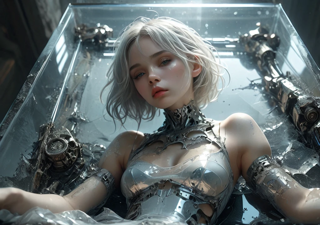 <lora:Stairway_to_liberation_ver1.4:1>,2b nier,silver hair,torn skirt,Lying down ,inside glass tank,mecha girl,tube,wire, torn cloth,<lora:2b_nier_automata:0.8>,crack glass,side view,photorealistic, detailed face, detailed eyes, detailed lips, beautiful woman, hourglass figure, natural lighting, high quality, hyperrealistic, 8k, cinematic, dramatic lighting, chiaroscuro, neoclassical, oil painting,