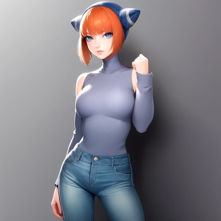 cowboy shot, solo, <lora:linBreathOfFire:1> lin_bof, hood, cat hood, cat ears, short hair, orange hair, bangs, sidelocks, blue eyes, blue sweater, long sleeves, jeans, casual wear, best quality, ultra high res