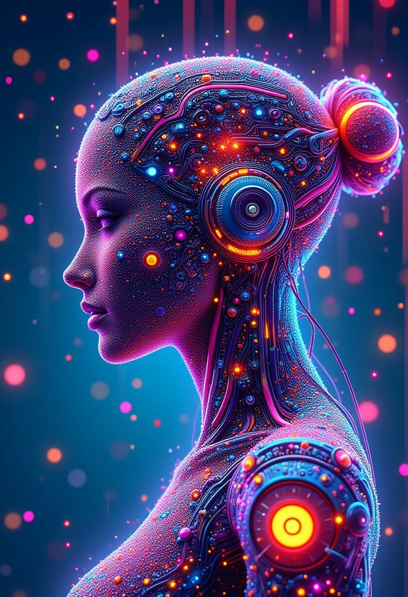 conf3tti, female android made of confetti, with neon illuminated circuits, intricate and sleek design, vibrant colors, science fiction, neon-lit background