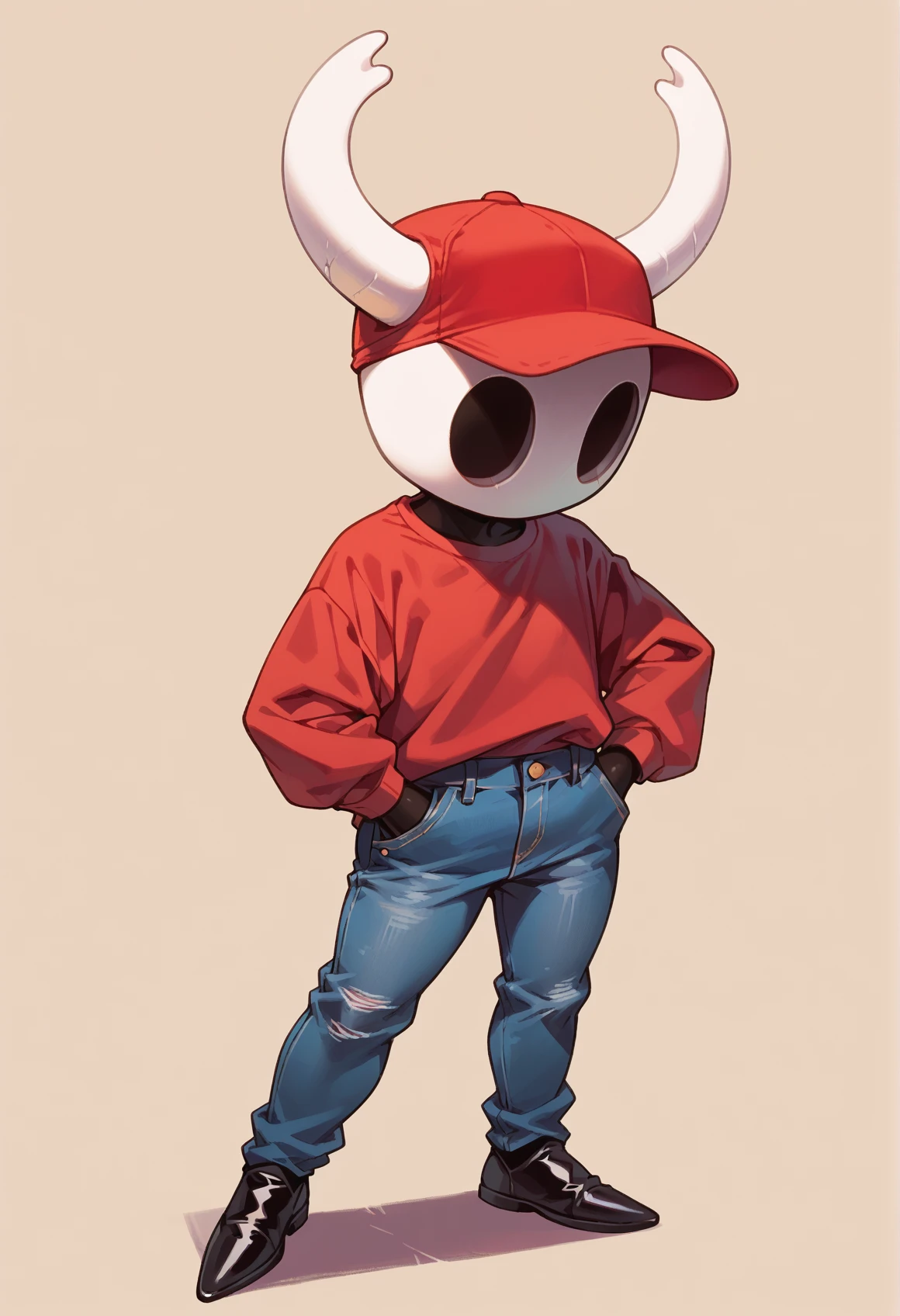 1other, <lora:knight_hollow_knight-000010:1>, knight_\(hollow_knight)\, horns, black skin, mask, hollow eyes, cap, red shirt, jeans, standing, full body,, score_9, score_8_up, score_7_up, score_6_up