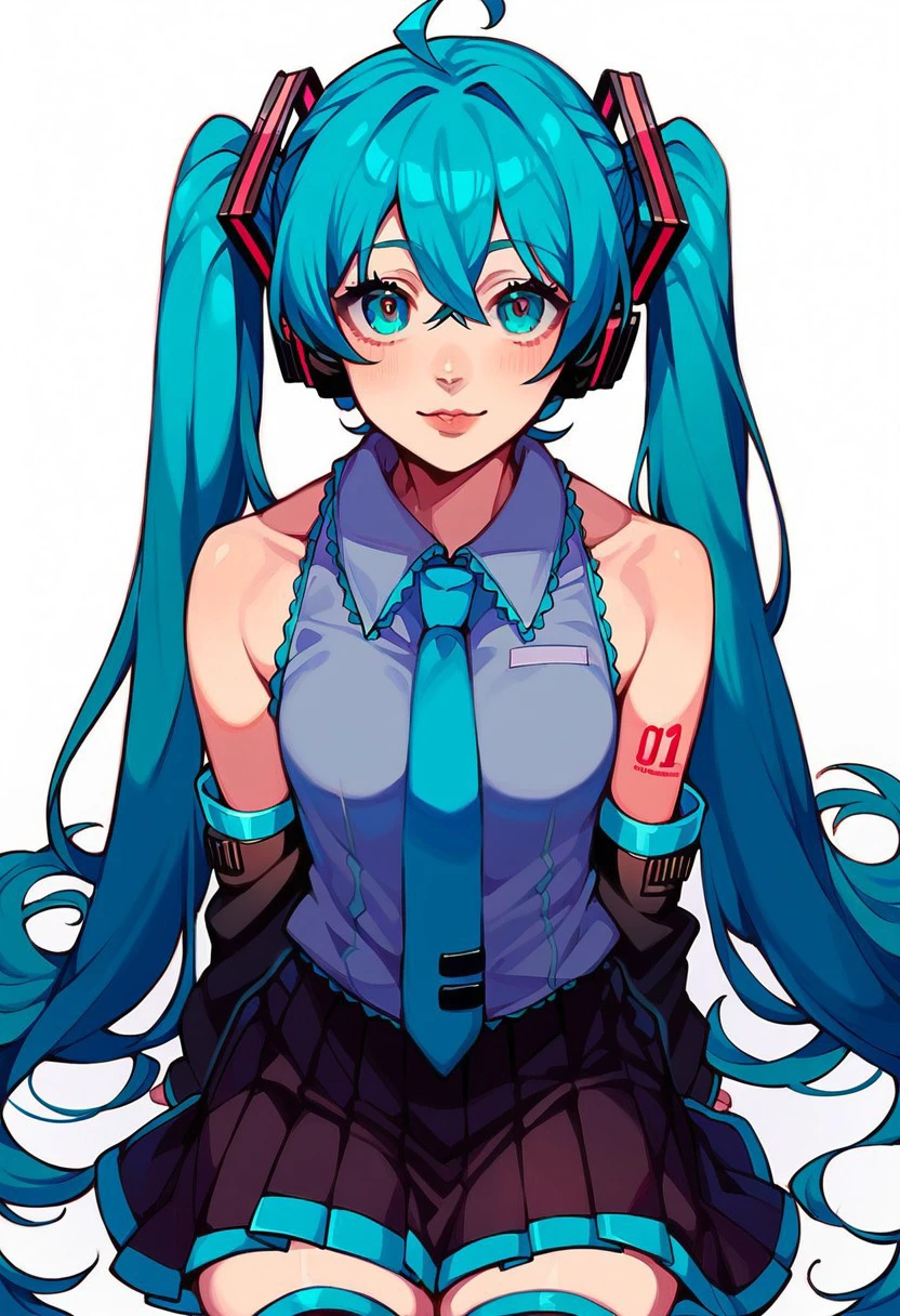 anime artwork, score_9, score_8_up, score_7_up, score_6_up, score_5_up, solo, 1girl, masterpiece, best quality, source_anime, detailed eyes, detailed hair, looking at viewer, miku hatsune, ahoge, aqua eyes, aqua hair, crossed bangs, hair between eyes, hair ornament, headphones, long hair, twintails, aqua necktie, black footwear, black skirt, black sleeves, boots, collared shirt, detached sleeves, grey shirt, necktie, pleated skirt, shirt, skirt, sleeveless, sleeveless shirt, thigh boots, tie clip,