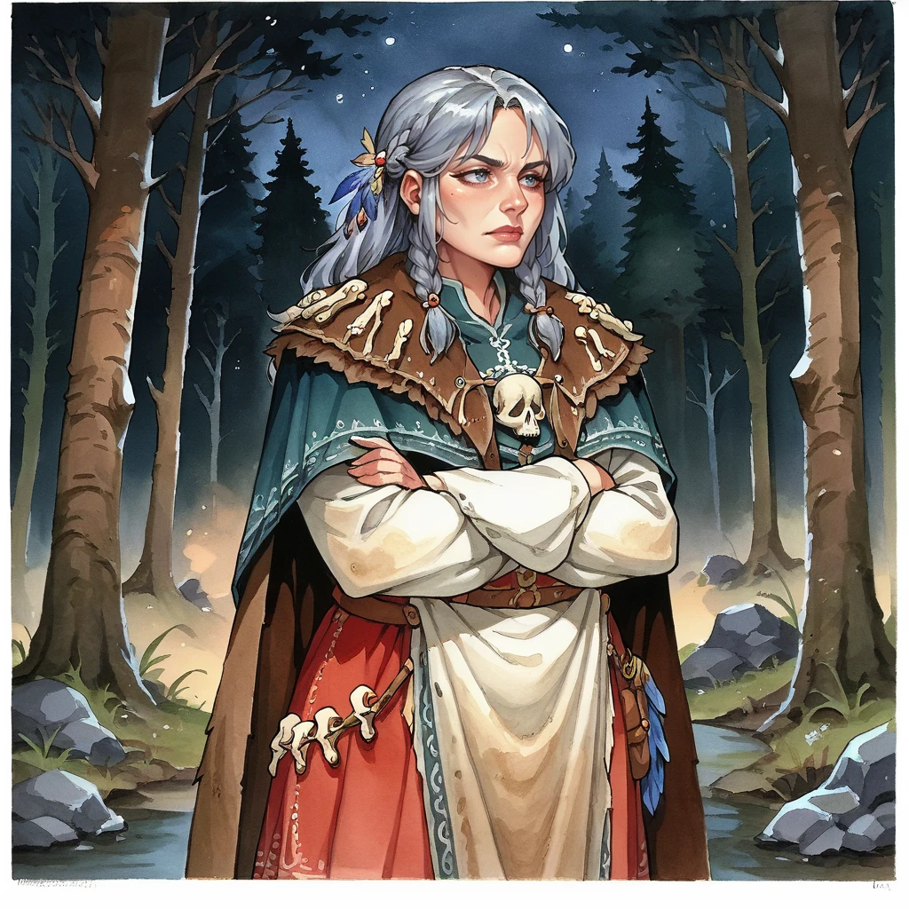 score_9, score_8_up, score_7_up, 2d, watercolour, traditional media, simple background, detailed,
KislevHagWitch, mature female, curvy, grey hair, hair ornament, braid, cape, crossed arms, feathers, bone jewelry,
forest background, dark forest, fog, night,
<lora:Hag_Witch:0.8>