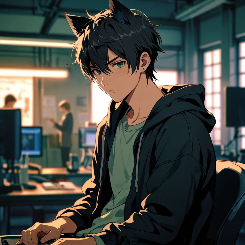 man, apparently 23 years old, medium black hair, black cat ears, black cat tail, wears comfortable clothes, suspicious look, green eyes, fair skin, defined body, wide chest, body hair, stubble