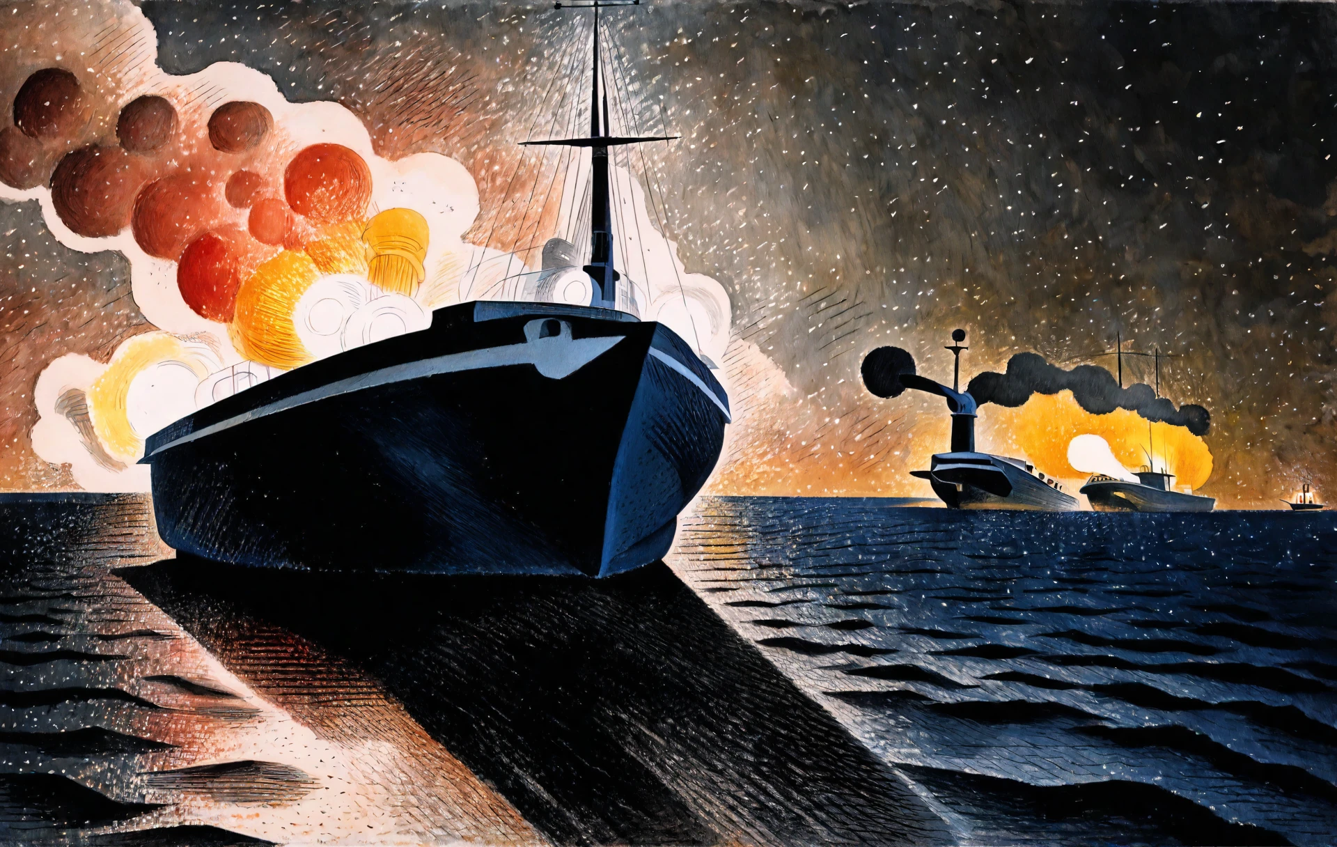 <lora:eric-ravilious_pony_v1:1> ' mother ' by Ravilious Eric  in 1940, battle painting \(genre\), Magic Realism \(style\), The artwork is a painting depicting a large ship sailing through a stormy sea at night.chaos and turbulence., no humans, traditional media, watercraft, ship, boat, general, score_9, score_6_up, score_7_up