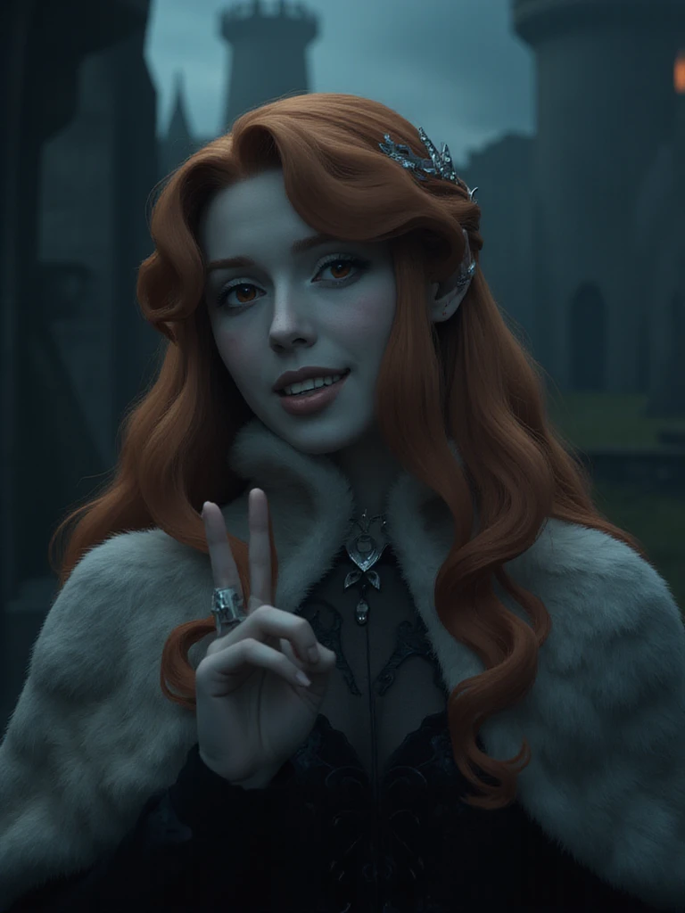 film scene from Denis Villeneuve. Cinematography. Dark and moody atmosphere.
<lora:lenore_v1:1.2>, A symmetric portrait of Lenore, full body, dress, elegant, smiling, holding up a peace sign with her fingers will while blood drips from her fangs, a mysterious and elegant vampire, her pale face glowing softly in the darkness. Her long, flowing red hair cascades around her shoulders, intertwining with delicate silver hair accessories that seem to shimmer with an otherworldly light. Her piercing red eyes, framed by sharp features, exude a mixture of sorrow and determination. The fur stole draped over her shoulders adds a touch of regal warmth, contrasting with the cold, dimly lit medieval castle backdrop. The atmosphere is heavy with an ancient sorrow, as ethereal shadows play across her face, blending photorealistic detail with a subtle, digital surrealism. A faint, ghostly aura surrounds her, reminiscent of the Northern Lights, casting a spectral glow that enhances the menacing yet captivating aura.