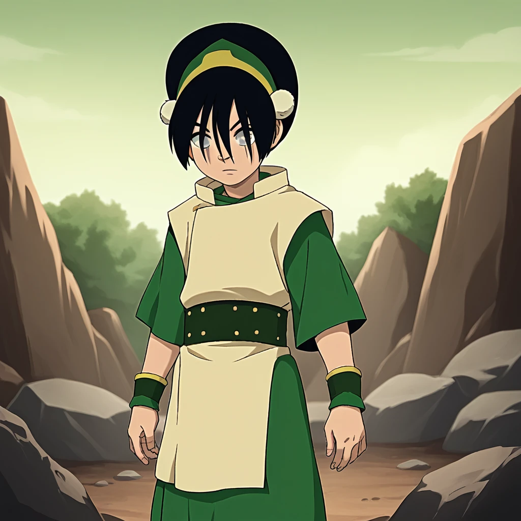 score_9_up, score_8_up, BREAK, 1girl, solo, TophBeifong, black hair, short hair, hair between eyes, blind, grey eyes, hairband, tunic, cowboy shot,   <lora:TophBeifong_TheLastAirbender_PXL_Leaf1:1>, outdoors, rock,