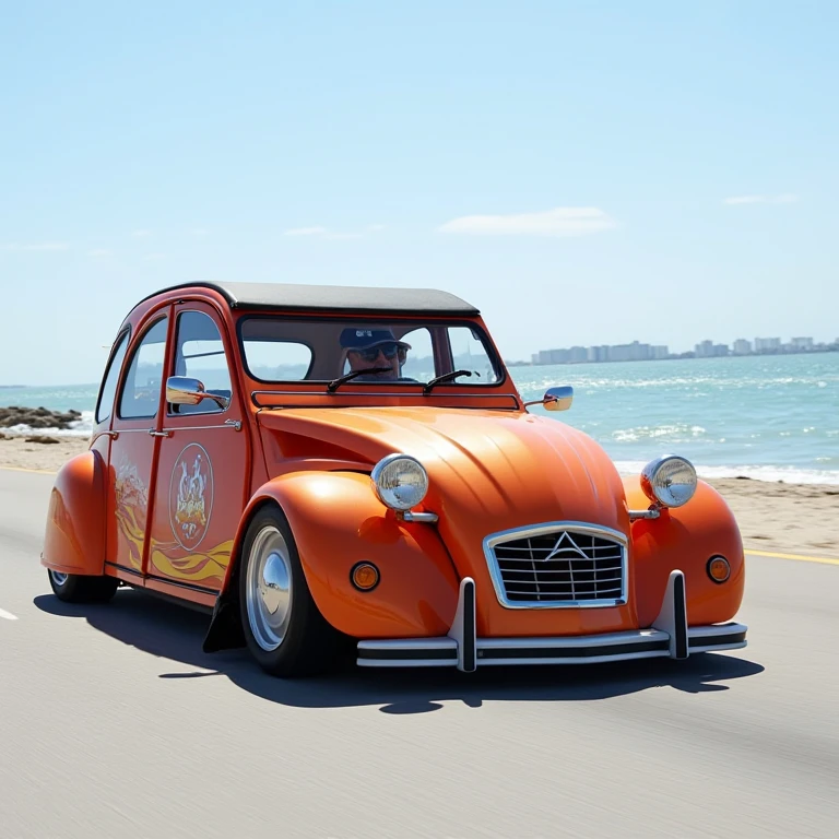 2CV, a very low sportcar, in front of the beach at miami, flames stickers on the sides. The driver wears a baseball cap and sunglasses  <lora:2CV:0.8>