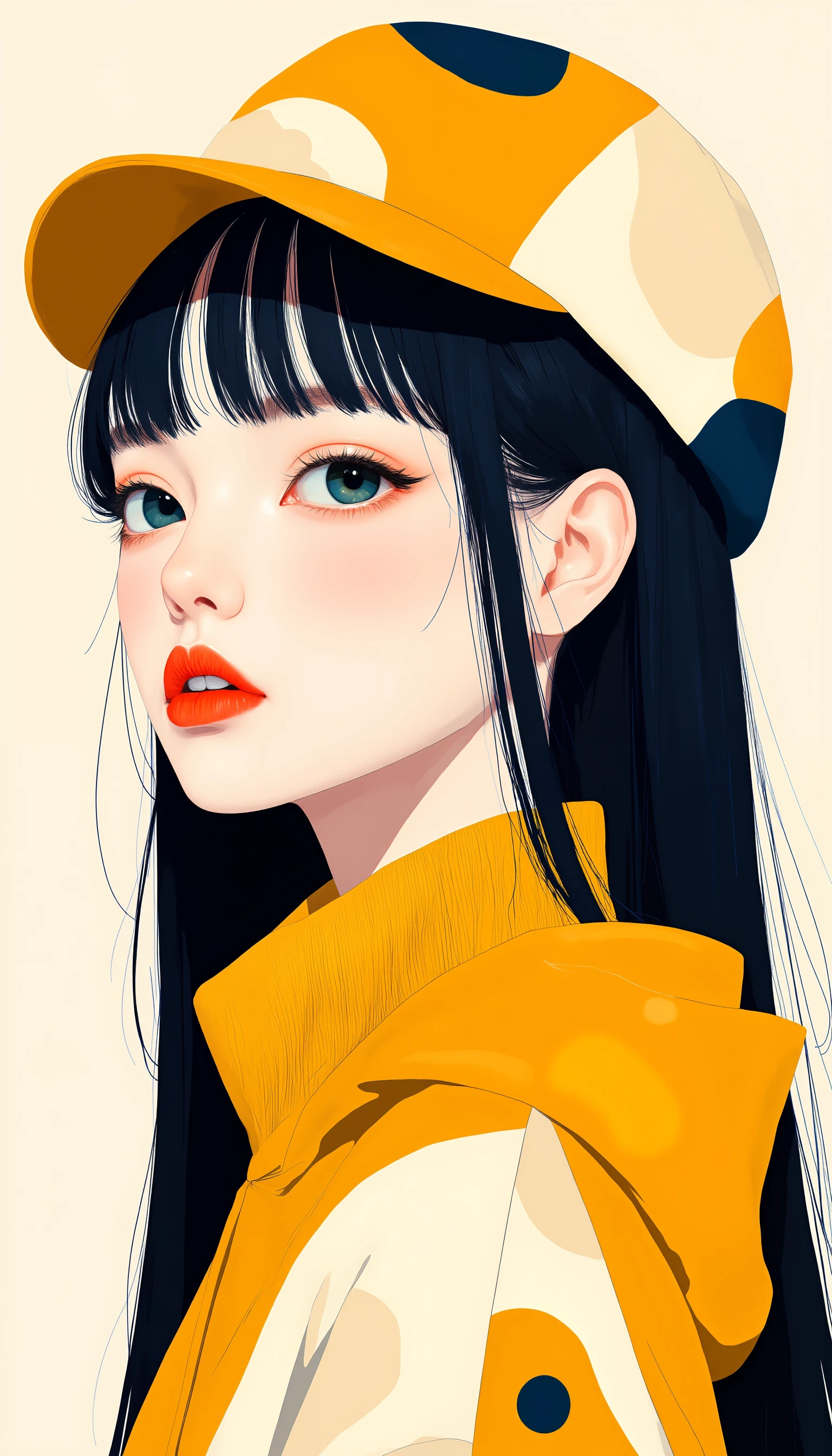 This is a fantasy-themed illustration featuring a colorful and minimalistic style. The focus is on a cute Japanese girl, embodying the kawaii aesthetic often seen in idols, with an innocent and simple appearance. The artwork emphasizes clean lines, smooth curves, and sleek contours, with bold outlines, crisp shapes, and sharp edges. It is designed in a fashion editorial style, merging high fashion with a trendy, stylish, and professional look. The overall composition is uncluttered, balancing simplicity with high detail, and presented in a way that mirrors the aesthetics of a fashion magazine. A minimalistic illustration of a beautiful girl with a gentle smile, shown in profile, wearing a cute hat that looks like something inspired by adorable animals, delicious fruits, or whimsical sweets from Wonderland. Her long black hair contrasts beautifully with the contemporary and pop patchwork design of her outfit. The indigo and golden-yellow colors of her hat and clothes create a modern, eye-catching contrast. A minimalistic portrait of a beautiful woman with elegant, melancholic eyes that exude deep contemplation, captivating anyone who gazes upon them. Her slightly pale, flawless white skin and long, jet-black hair resemble that of a traditional Japanese doll, while her slightly parted lips, like rose petals, add to her allure. She is dressed in a refined and modern mustard-colored turtleneck sweater, featuring a minimalist design that enhances her graceful appearance. <lora:Midjourney_Whisper_Minimal:1>,