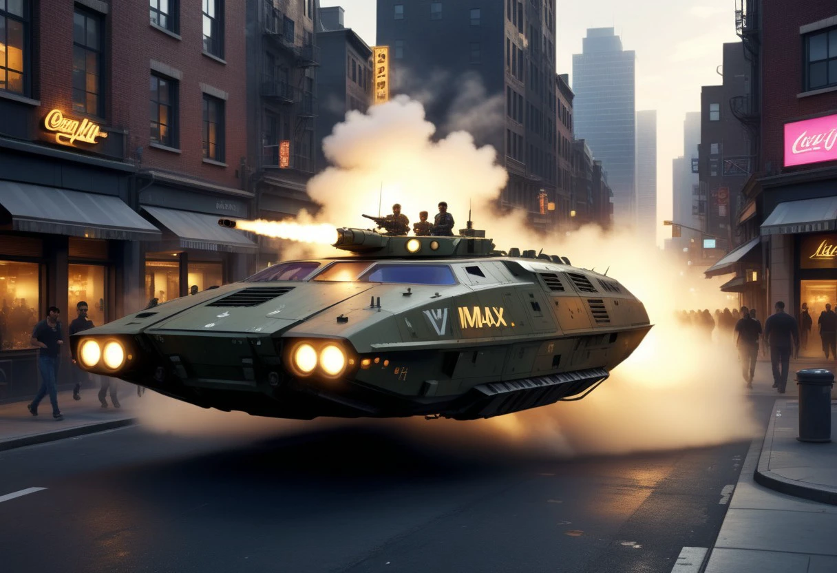 cinematic lighting, night time, volumetric light, imax, dslr, highly detailed, sci-fi, science fiction, cyberpunk, vehicle, black and brass science fiction hovering military hovering_tank in crowded downtown streets, hovertank, pilot, sunset, soft lighting, Hovering military tank, wheelless tank, no wheels, after burner, jet propulsion, volumetric fog, dystopian vibes, dutch angle, cinematic angle