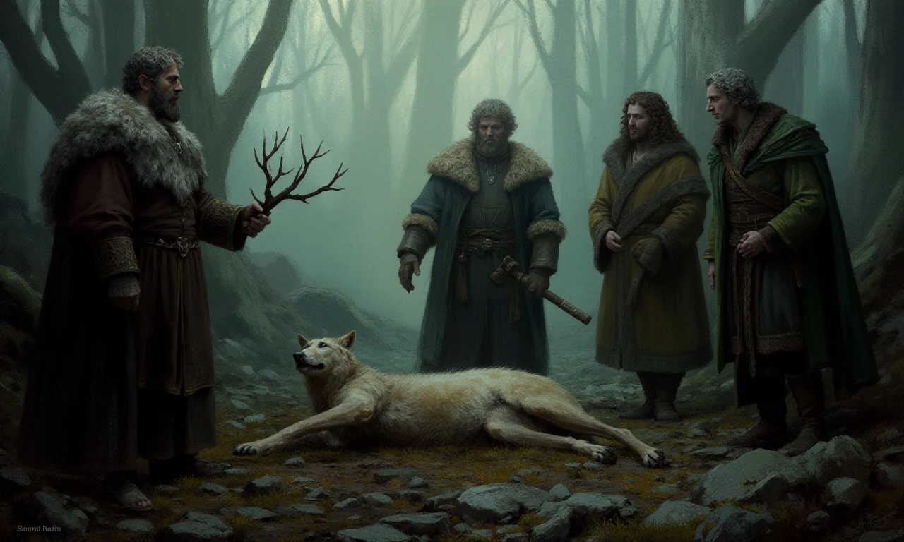 Digital oil paint with lots of impasto in the style of ck3, depicting four medieval characters in a misty forest. The scene shows a dead wolf lying centrally on the ground. Two characters stand to the left: one bearded man holding an antler, looking gravely at the wolf, and another with curly hair. Both wear fur-trimmed medieval attire. On the right, two more characters gaze at the bearded man with concern. All wear long, period-appropriate coats. The overall ambiance is tense and foreboding, with a dark, smoky atmosphere. The painting style should emulate thick oil paint textures with lots of impasto, blended colors, and a mix of detailed figures with more impressionistic backgrounds, <lora:ck3:1>