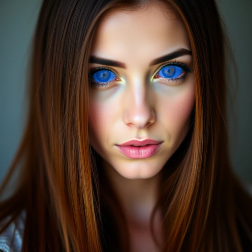 Photographic portrait of a beautiful arabic woman with tinted blue eyes, blue sclera, long straight brown hair.