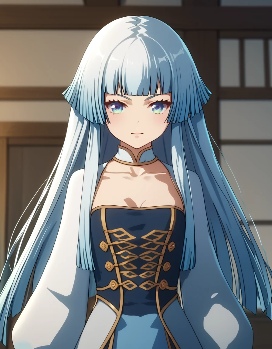 <lora:XilingJiyuan:1>,  score_9, score_8_up, score_7_up, score_6_up, score_5_up, score_4_up, source_anime,  , dynamic pose,  Pandora, long hair, blue eyes, dress, blue hair, collarbone, white hair, small breasts, blunt bangs, clothing cutout, cleavage cutout, hime cut,