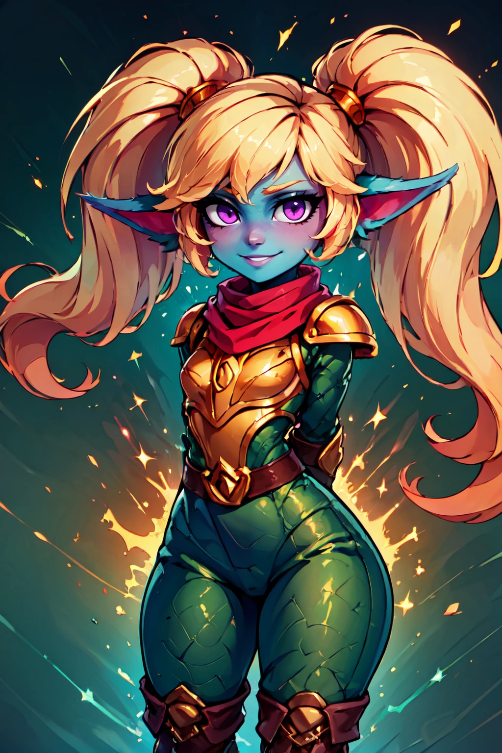 ((masterpiece,best quality)), absurdres,  BREAK, , <lora:Poppy_Leagueoflegends_v2:0.8>,  zzPoppy, yordle, purple eyes, blonde hair, twintails, blue skin, golden armor, red scarf, green snakeskin shirt, green snakeskin pants, brown boots, confident stance, energetic pose, standing strong in a vibrant battlefield, magical aura, glowing lights, ethereal atmosphere, (hands behind back), , BREAK, hip to the side, contrapposto,, BREAK, solo, smile, looking at viewer, cowboy shot,