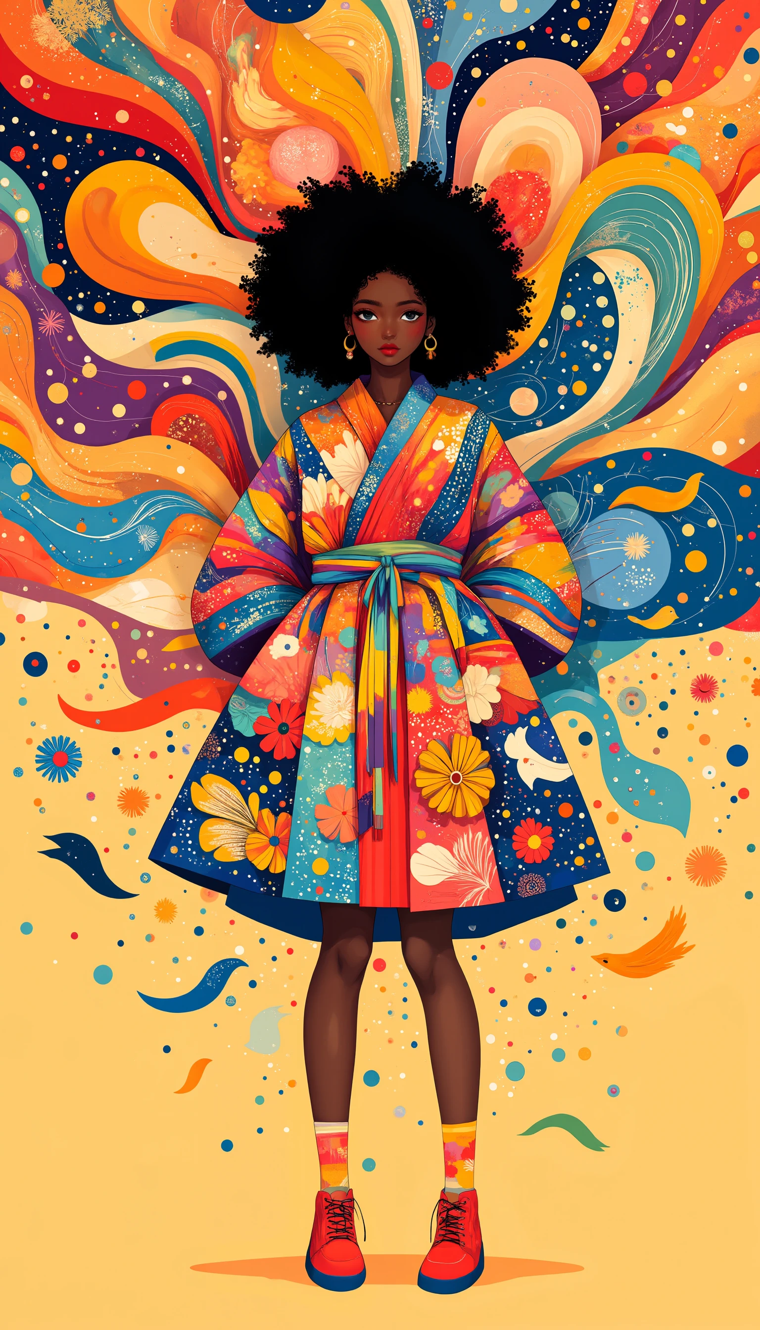 This is a fantasy-themed illustration featuring a colorful and minimalistic style. The focus is on a cute Japanese girl, embodying the kawaii aesthetic often seen in idols, with an innocent and simple appearance. The artwork emphasizes clean lines, smooth curves, and sleek contours, with bold outlines, crisp shapes, and sharp edges. It is designed in a fashion editorial style, merging high fashion with a trendy, stylish, and professional look. The overall composition is uncluttered, balancing simplicity with high detail, and presented in a way that mirrors the aesthetics of a fashion magazine. A minimalistic illustration of a beautiful Black girl who seems to be quietly waiting for her moment, like the heroine of a story. She stands against an extremely colorful background and wears attire that evokes the vibrant patterns of African and South American traditional clothing, resembling an explosion of stars, fireworks, or the plumage of a bird of paradise.<lora:Midjourney_Whisper_Minimal:1>,