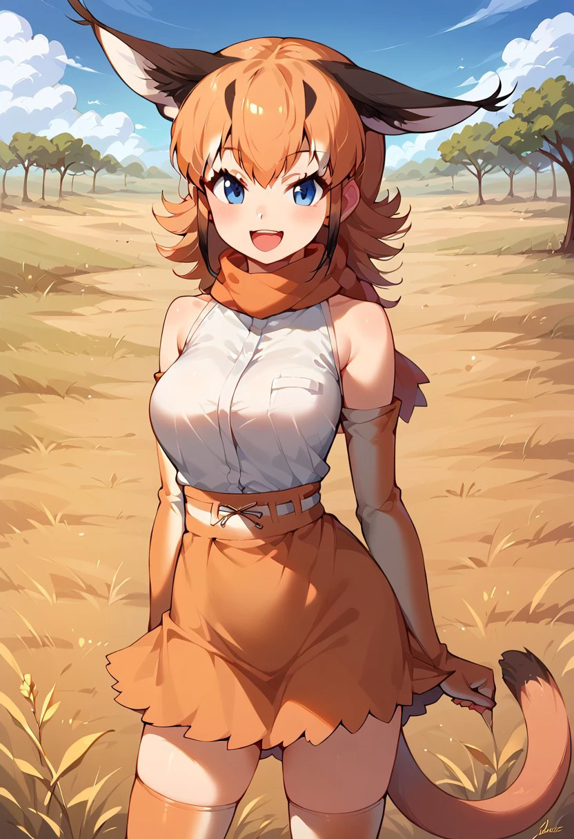 1girl, ((solo)), best quality, ultra-detailed, extremely detailed, perfect anatomy, masterpiece, score_9, score_8_up, score_7_up, caracal (kemono friends), animal ears, animal ear fluff, orange hair, tail, blue eyes, long hair, multicolored hair, white shirt, sleeveless shirt, orange skirt, skirt, orange bowtie, elbow gloves, bare shoulders, thighhighs, standing, open mouth smile, cute look, confident look, looking at viewer, happy, African savanna background, savanna, posing, closeup, portrait shot, hands at sides,