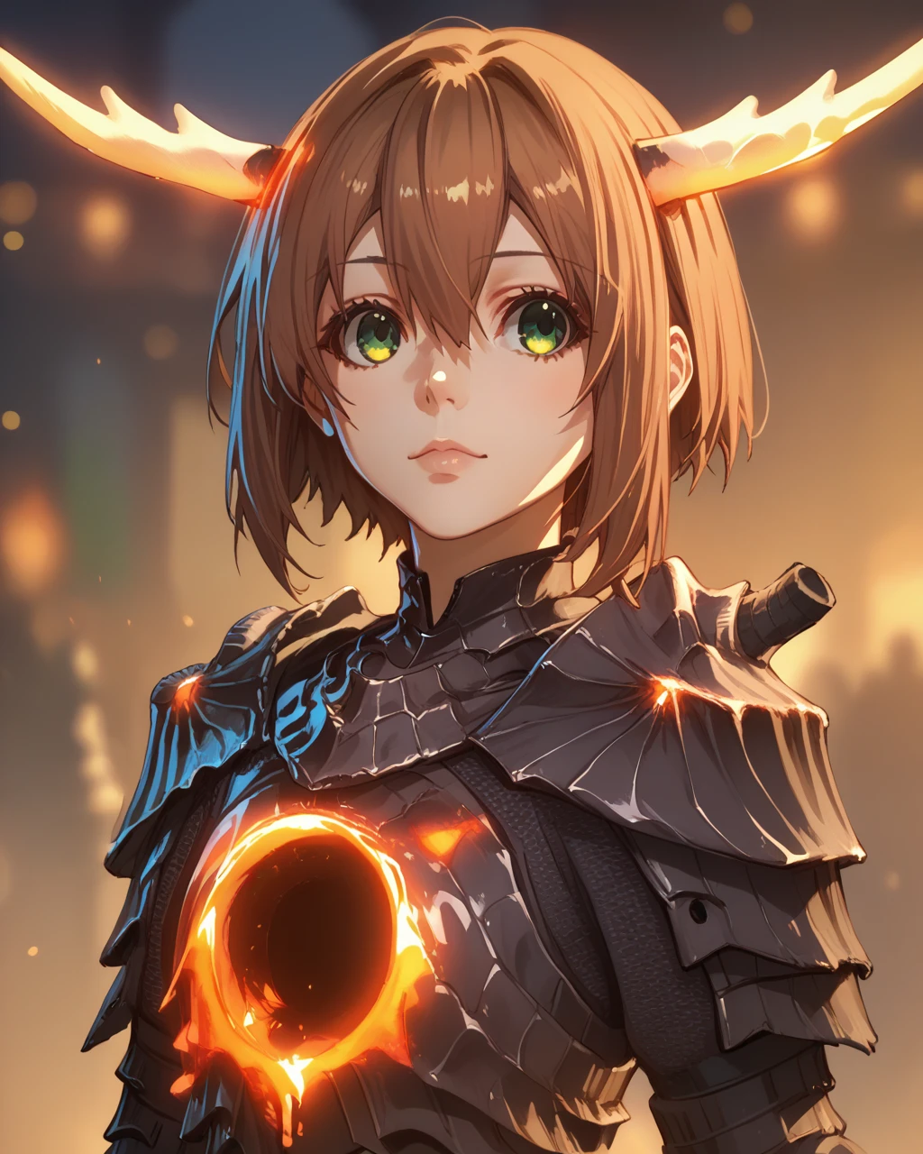 score_9, score_8_up, score_7_up, solo, source_anime, 1girl, ringedknight,armor,glowing,hood up, blurred background,<lora:ringedknight:1>, noko shikanoko, short hair, bangs, brown hair, hair between eyes, green eyes, horns, <lora:noko-shikanoko-s1-ponyxl-lora-nochekaiser:1>