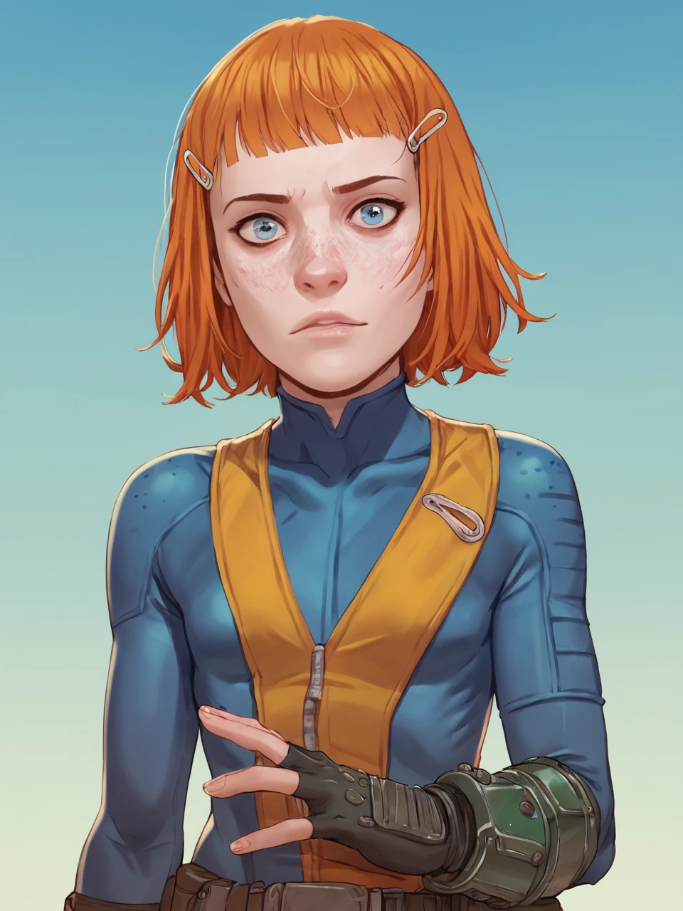 score_9, score_8_up, score_7_up,  score_6_up, BREAK, Vaultgirl, short hair, blue eyes, orange hair, hair ornament, hairclip, fingerless gloves, freckles, blue bodysuit, looking at viewer  <lora:Vaultgirl:1>